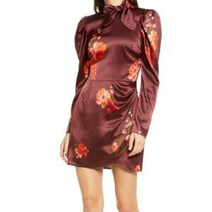 Reformation Burgundy Floral Satin Mini Dress with Bow Neck